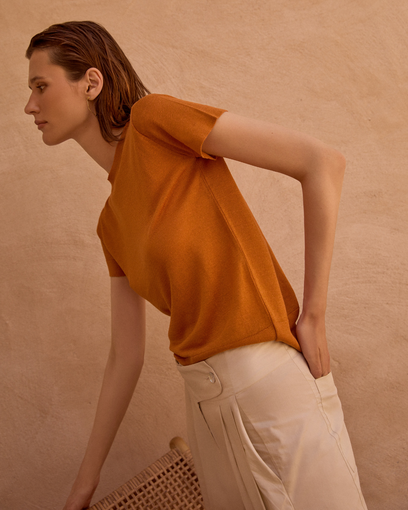 Camiseta punto de lino y seda mandarina